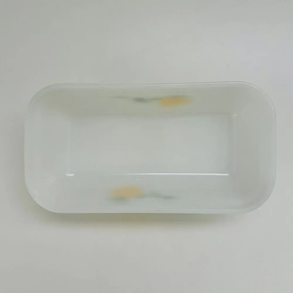 FIRE KING Gay Fad White Milk Glass Hand Painted Peach Fruit Pattern Loaf Pan